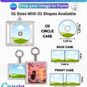 May include: A digital template for a mini album CD keychain featuring a clear square case, a circular CD insert, and rectangular back and front case layouts. The design includes text labels with dimensions in inches, such as 1.57 inches, 3.66 inches, and 4 inches, alongside a sample graphic of a person and a cat at sunset with the text 'Chase your dreams'.