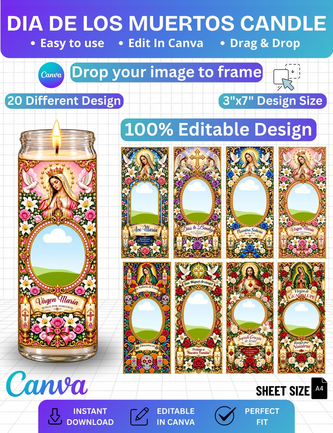 Property Label Sample 10 Dia De Los Muertos Candle Canva Template, Tall Cylinder Candle Wraps ...