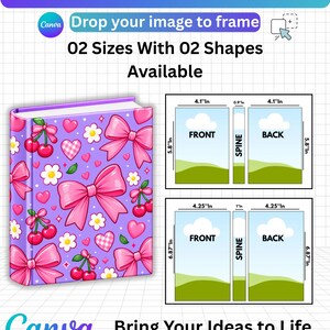 May include: A custom book cover template featuring a purple background with pink bows, cherries, and white flowers. The graphic includes text: CUSTOM BOOK COVER TEMPLATE, Drop your image to frame, 02 Sizes With 02 Shapes Available, and Canva.