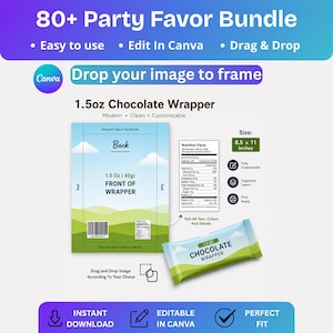May include: A digital template for a 1.5oz chocolate wrapper, featuring a blue and green design with a landscape illustration. The template is customizable in Canva and includes a nutrition facts section. The size is 8.5 x 11 inches.