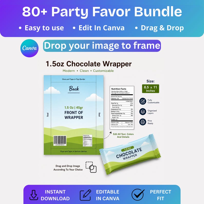 May include: A digital template for a 1.5oz chocolate wrapper, featuring a blue and green design with a landscape illustration. The template is customizable in Canva and includes a nutrition facts section. The size is 8.5 x 11 inches.
