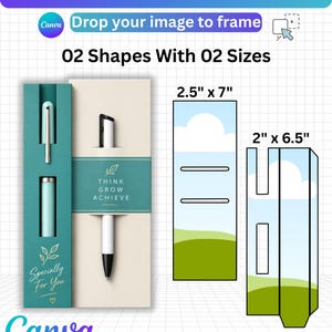 Puede incluir: Una plantilla digital de Canva para fundas de bolígrafos con dos formas y tamaños, 6,35 cm x 17,78 cm y 5,08 cm x 16,51 cm. El diseño incluye una funda azul verdoso con el texto "Specially For You" y una crema con "THINK GROW ACHIEVE".