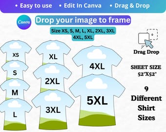 All Over T Shirt Template Bundle, Editable Canva T Shirt Sublimation Template, 9 Size Shirt Frame XS-5XL Drag and Drop Shirt Design Template