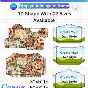 Könnte beinhalten: Eine Canva-Vorlage für Junk Journals mit Blumenmustern und leeren Rahmen. Der Text umfasst JUNK JOURNAL CANVA TEMPLATE, Drop your image to frame, 10 Shape With 02 Sizes Available, Create Your Own Style, 3"x5"In und 5"x3"In.