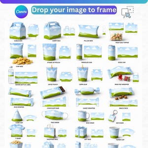 May include: A digital party favor bundle template featuring over 80 customizable items with a blue sky and green hills pattern. Includes layouts for gable boxes, chip bags, water bottle labels, candy wrappers, and various containers for Canva editing.