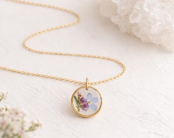 Pressed Flower Necklace • Gold Cable Chain, Heather & Forget-Me-Nots