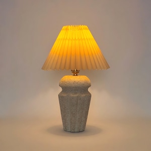 Handmade Cast Stone Table Lamp – Pleated Shade – Japandi Home Decor – UK Bedside Light | Edith