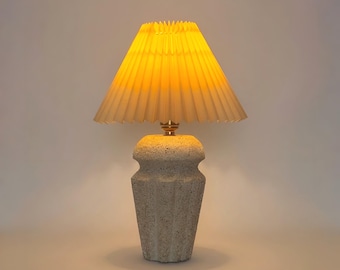 Handmade Cast Stone Table Lamp – Pleated Shade – Japandi Home Decor – UK Bedside Light | Edith