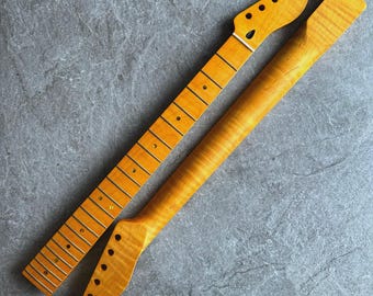 Tele Guitar Neck – 22 Fret Tiger Flame Maple, 12" Radius, Yellow Satin Finish