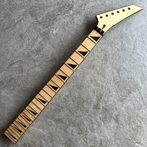 May include: A new, unfinished guitar neck with a natural wood finish. The fretboard features black triangular inlays. The headstock has six tuning peg holes. The neck is designed for a solid-body electric guitar.