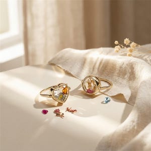 Può includere: Due anelli color oro con medaglioni in vetro trasparente, uno circolare e uno a forma di cuore. L'anello a cuore contiene una piccola margherita e un ciondolo color ambra, mentre l'anello circolare racchiude una minuscola figura animale.