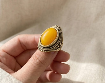 Vintage Bernstein Ring, Gelber Stein Statement Ring, antiker Stil verstellbarer Ring, Boho Schmuck, einzigartiges Geschenk für sie
