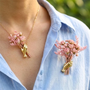 Handvaasketting en brocheset, bloemenhouder sieradenset, goudzilveren handhanger, artistiek bloemencadeau voor vrouwen, unieke sieraden