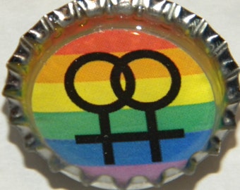 Interlocked Female Symbols on Rainbow Bottle Cap Magnet 6904