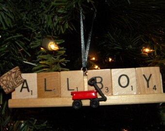 All Boy Scrabble Ornament on Tile Rack