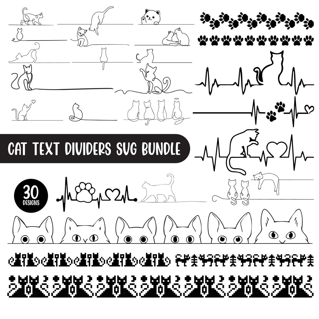 Cute Cats Line Divider SVG, Cats Text Divider SVG Clipart, Cat Paw ...