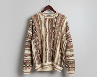 Vintage 90er Jahre Coogi Style 3D Strick Pullover Braun Beige Oliv Strukturierter Rundkragen Herren XL