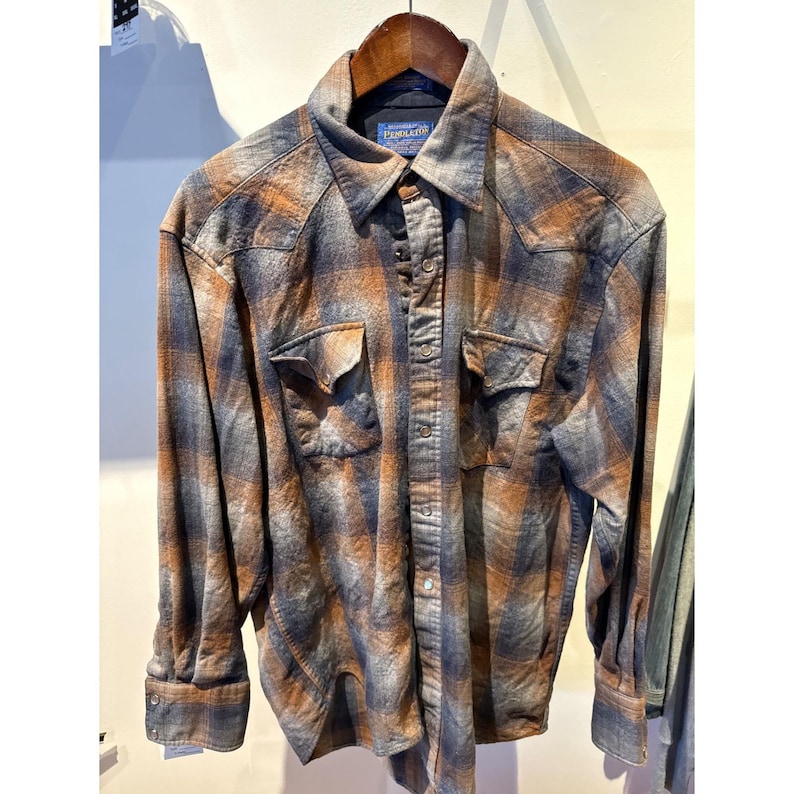 Pendleton High Grade Western Wear Wool Plaid Flannel Pearl Snap Shirt Mens L Br image 1