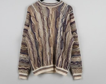 Vintage 3D Baumwolle Trader Stricken Coogi Style Erdfarben Rundhalsausschnitt Herren Larg