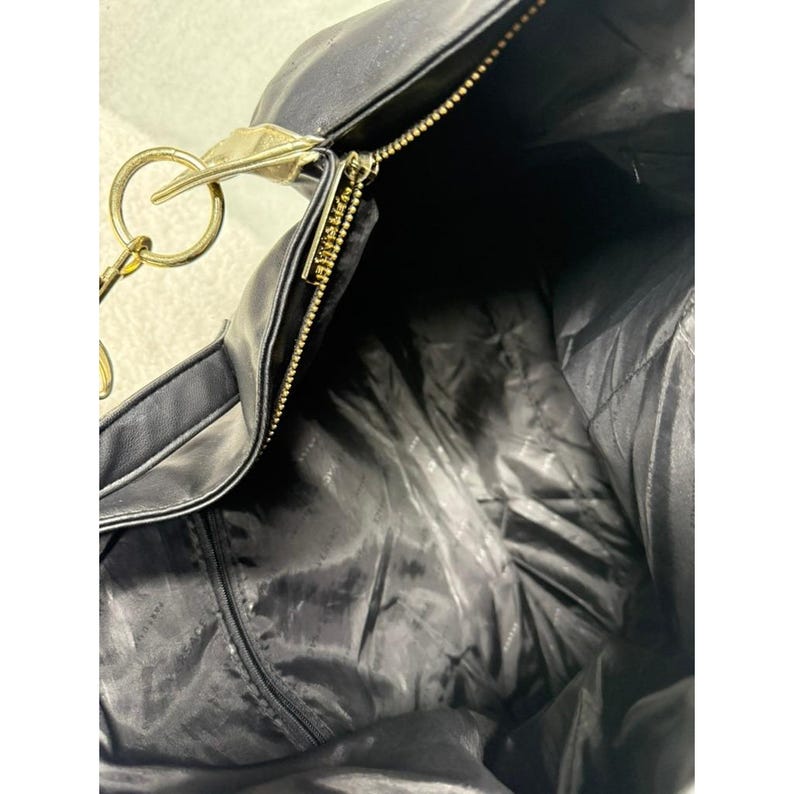 Versace Black Faux Leather Tote Bag Gold Medusa Logo Chain Strap image 7