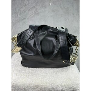 Versace Black Faux Leather Tote Bag Gold Medusa Logo Chain Strap image 4