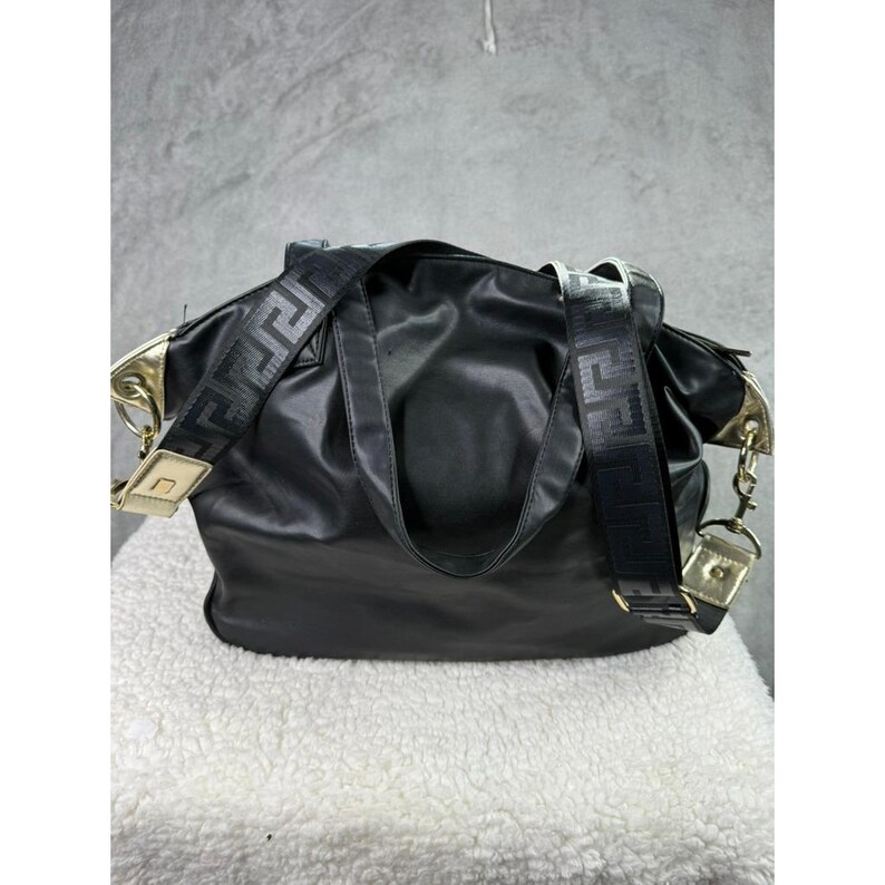 Versace Black Faux Leather Tote Bag Gold Medusa Logo Chain Strap image 4