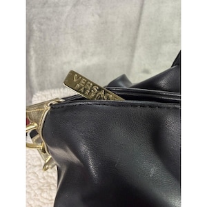 Versace Black Faux Leather Tote Bag Gold Medusa Logo Chain Strap image 2