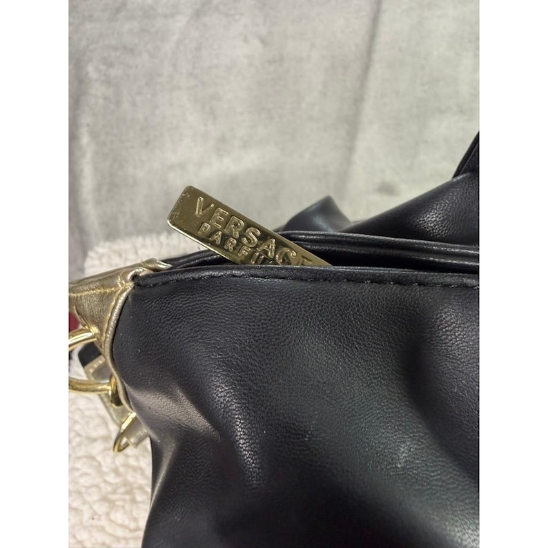 Versace Black Faux Leather Tote Bag Gold Medusa Logo Chain Strap image 2