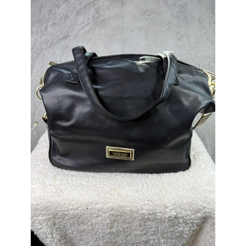 Versace Black Faux Leather Tote Bag Gold Medusa Logo Chain Strap image 1