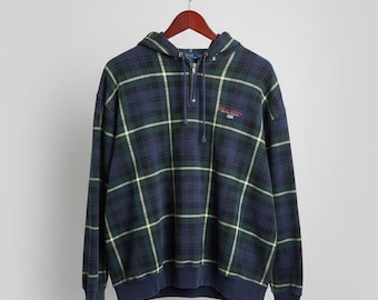 Felpa con cappuccio Polo Sport Ralph Lauren da uomo a quadri con cerniera a un quarto, blu navy, verde, vintage, taglia XL