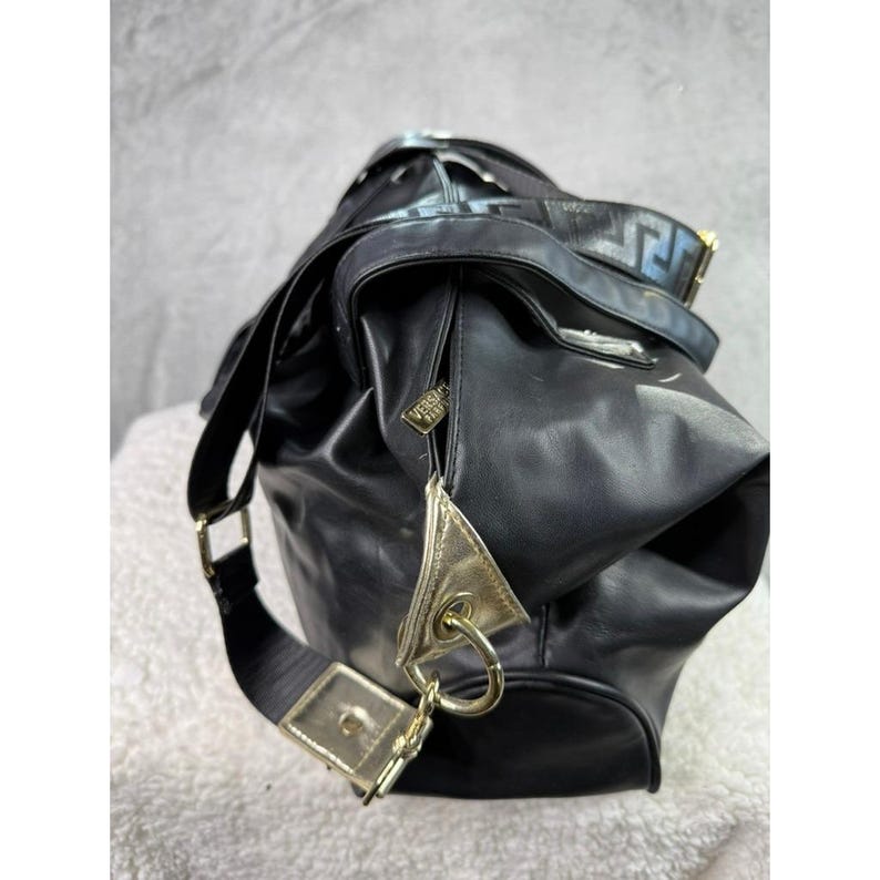 Versace Black Faux Leather Tote Bag Gold Medusa Logo Chain Strap image 3