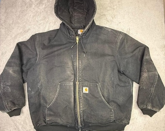 Jaqueta Carhartt masculina com capuz, forro de sherpa e tecido de lona lavada, tamanho XL.