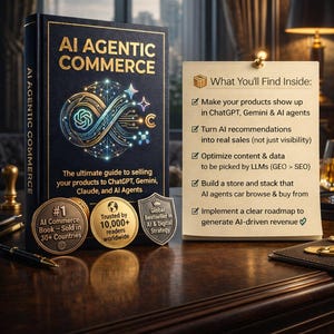 Può includere: Un libro intitolato "AI Agentic Commerce" con una copertina blu scuro e scritte dorate. È presente anche un blocco note con elenchi puntati su IA e commercio e tre distintivi metallici.