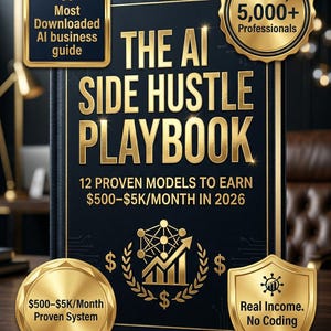 May include: A book titled "THE AI SIDE HUSTLE PLAYBOOK" with gold lettering on a dark blue background. The book promises 12 proven models to earn $500-$5K/month in 2026. Additional gold seals highlight the book as the "Most Downloaded AI business guide".