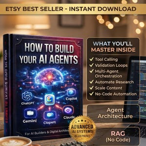 Può includere: Immagine di un annuncio Etsy con il libro "How to Build Your AI Agents". La copertina del libro ha uno sfondo scuro con una grafica del cervello e loghi di app. Sono visibili anche una tazza di caffè, una tastiera e un laptop.