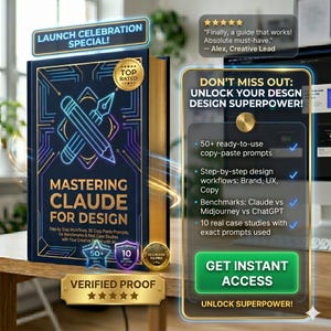 May include: A hardcover book titled "Mastering Claude for Design" with a blue cover and gold accents. The cover features a neon design of a pencil and pen. The book promises step-by-step workflows and copy prompts. Additional text includes "Launch Celebration Special!"
