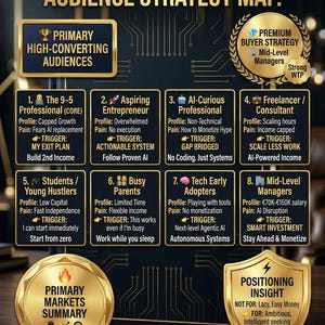 Peut inclure: Infographie dor&eacute;e et noire intitul&eacute;e "The AI Side Hustle Playbook: Audience Strategy Map". Elle pr&eacute;sente des strat&eacute;gies pour diff&eacute;rents publics, tels que les professionnels, les entrepreneurs et les &eacute;tudiants, avec des d&eacute;clencheurs et des points sensibles.