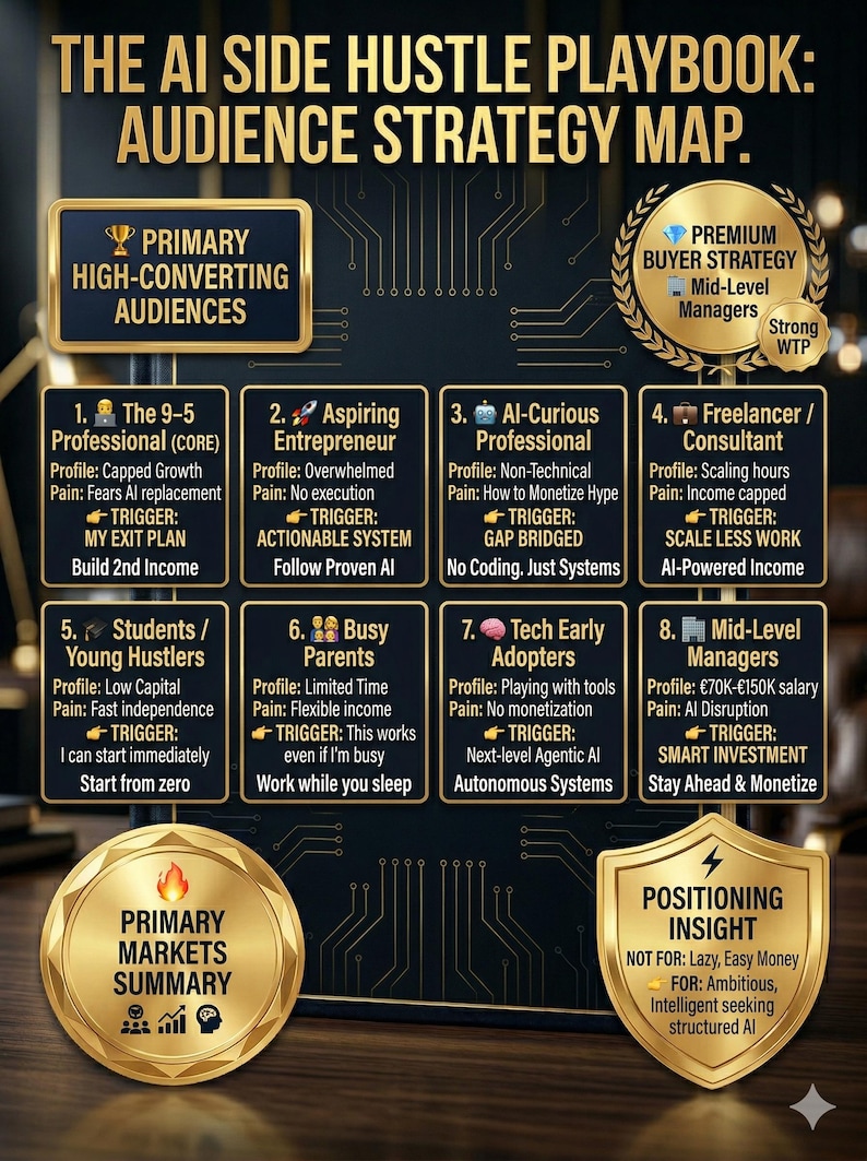 Peut inclure: Infographie dor&eacute;e et noire intitul&eacute;e "The AI Side Hustle Playbook: Audience Strategy Map". Elle pr&eacute;sente des strat&eacute;gies pour diff&eacute;rents publics, tels que les professionnels, les entrepreneurs et les &eacute;tudiants, avec des d&eacute;clencheurs et des points sensibles.