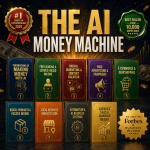 May include: Image of "The AI Money Machine" book series. The books cover topics like AI, freelancing, digital marketing, e-commerce, and passive income. The image includes a "Best Seller" badge and a "Forbes & Business Insider" seal.