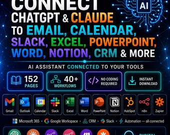 May include: A digital guide titled The Complete Guide to Connect ChatGPT & Claude to Email, Calendar, Slack, Excel, PowerPoint, Word, Notion, CRM & More. It features 152 pages, 40+ workflows, no coding required, and instant download icons.
