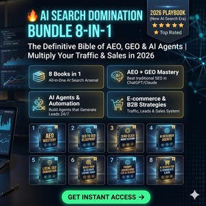 May include: Promotional graphic for an 8-in-1 AI Search Domination bundle. The image features a dark blue background with text and icons promoting the bundle's features, including books and strategies for SEO and e-commerce.