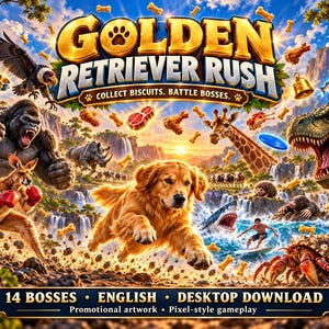 Può includere: Un poster promozionale del videogioco Golden Retriever Rush con un cane dorato al centro circondato da un gorilla, un canguro, una giraffa e un dinosauro. Il testo recita Golden Retriever Rush, Collect Biscuits. Battle Bosses. 14 Bosses. English. Desktop Download. Promotional artwork. Pixel-style gameplay.