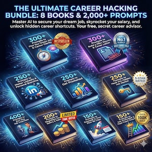Può includere: Immagine di un pacchetto incentrato sulla carriera, con 8 libri e oltre 2.000 suggerimenti. Le copertine dei libri mostrano titoli come "Trova il lavoro dei tuoi sogni" e "Supera qualsiasi colloquio di lavoro". Il pacchetto promette di aiutare a trovare lavoro e ad aumentare lo stipendio.