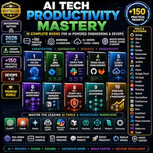 May include: An advertisement for an AI Tech Productivity Mastery course. The image features a collection of 10 books, each focusing on different aspects of AI engineering and DevOps. The image also includes icons for tools and platforms.