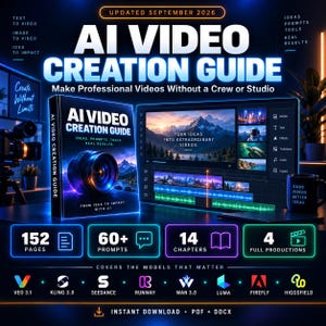 Könnte beinhalten: Ein digitaler Leitfaden mit dem Titel AI Video Creation Guide, bestehend aus einem Buchcover mit Kameraobjektiv-Grafik, einem Computermonitor mit Videobearbeitungssoftware und Textfeldern mit Angaben zu 152 Seiten, 60+ Prompts, 14 Kapiteln und 4 Produktionen.