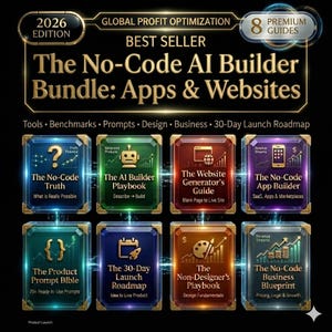 Op de afbeelding: Een promotieafbeelding voor "The No-Code AI Builder Bundle: Apps & Websites". De afbeelding toont acht gidsen met titels als "The No-Code Truth" en "The AI Builder Playbook". Het ontwerp is goudkleurig en in juweeltinten, met tekst en afbeeldingen.