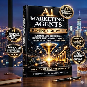 Op de afbeelding: Een boek getiteld "AI Marketing Agents: Revenue Growth" met een zwarte kaft en gouden letters. Het ontwerp van de kaft bevat een trechter, een laptop en een staafdiagram. Gouden zegels tonen "#1 International Bestseller". Een pen en een glas whisky zijn ook zichtbaar.