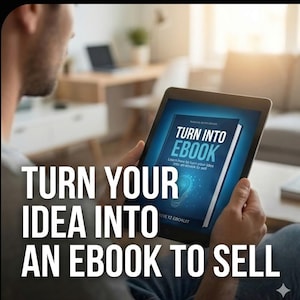 Könnte beinhalten: Eine Person hält ein Tablet, auf dem das Cover eines E-Books mit dem Titel "Turn Into Ebook" angezeigt wird. Das Cover zeigt ein blaues und weißes Design mit einer Glühbirnen-Grafik. Der Text "Turn Your Idea Into An Ebook To Sell" wird in großen weißen Buchstaben angezeigt.
