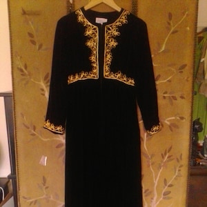 70s avant garde / hippie / medieval black velvet maxi dress with ethnic gold embroidery