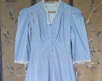 1920's blue and white gingham Prairie / country dress with full skirt